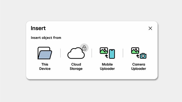 Une vue de la fenêtre du menu Insérer utilisée pour ajouter du contenu.