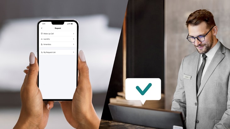 L’image montre un membre du personnel de l’hôtel utilisant la fonctionnalité Room Manager fournie par LG Pro :Centric Cloud pour vérifier les demandes de service en chambre d’un client.