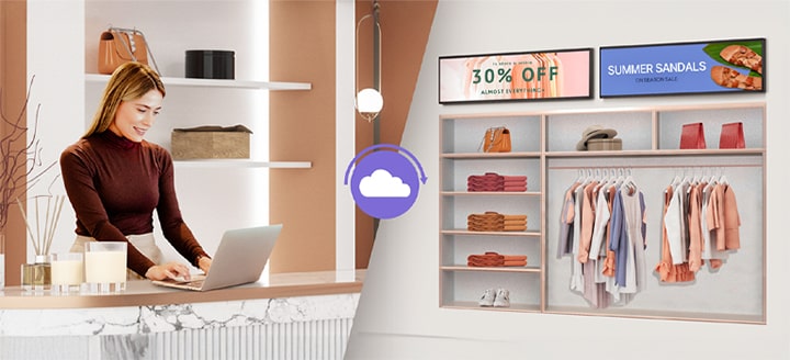 L’image montre un membre du personnel du magasin utilisant un ordinateur portable pour envoyer des promotions sur les vêtements et des images publicitaires à deux écrans de signalétique extensibles via LG SuperSign Cloud.