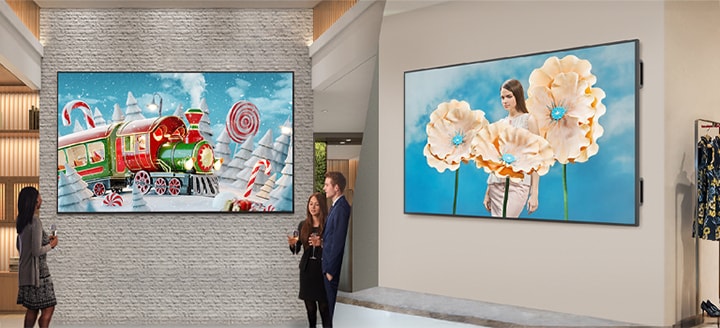 L’image présente la fonctionnalité Art Lounge de LG SuperSign Cloud, montrant des œuvres d’art affichées sur une signalétique dans un hall d’entreprise à gauche et des images d’art à la mode affichées sur une signalétique dans un magasin de vêtements à droite.