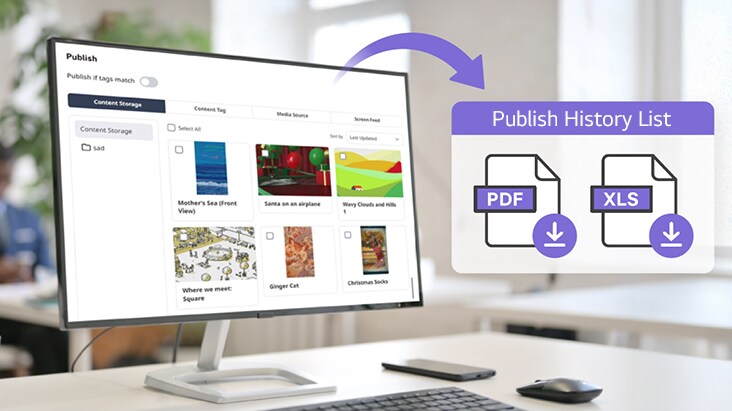 L’image montre une fonctionnalité de LG SuperSign Cloud qui permet de publier facilement du contenu et d’enregistrer l’historique des publications sous forme de fichiers PDF ou Excel.