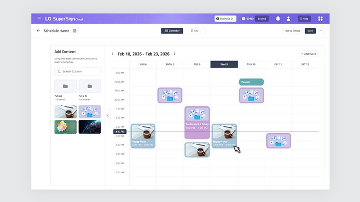 Cette image montre que les programmes de contenu peuvent être facilement gérés avec LG SuperSign Cloud à l’aide d’une interface glisser-déposer facile à utiliser.
