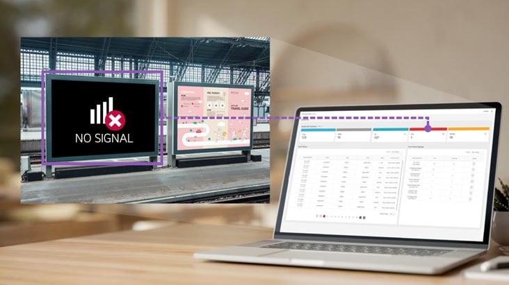 L’image du tableau de bord LG SuperSign Control+ est affichée sur un écran d’ordinateur portable, montrant les statuts d’erreur d’affichage visibles à gauche et permettant des vérifications à distance directement depuis le tableau de bord.