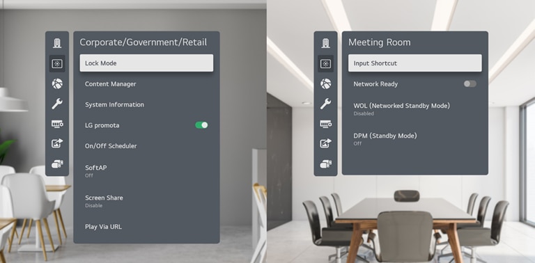les_menus_les_plus_souvent_utilisés_sont_classés_par_secteur_d’activité_à_gauche_comme_« entreprise_/_secteur_public_/ Commerce » et à gauche comme « Salle de réunion ».