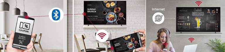 "Le responsable du magasin offre des coupons aux clients via Bluetooth. De l’autre côté, les menus font l’objet d’une promotion, via Wi-Fi, depuis le miroir de l’écran d’un téléphone portable sur un grand écran installé sur le mur du magasin. La série UR640S est installée au mur et une femme utilise un PC personnel et un téléphone portable. Cette image montre que l’écran peut fonctionner comme un routeur virtuel de sorte que le PC et le téléphone portable puissent être connectés à l’écran pour un accès sans fil."