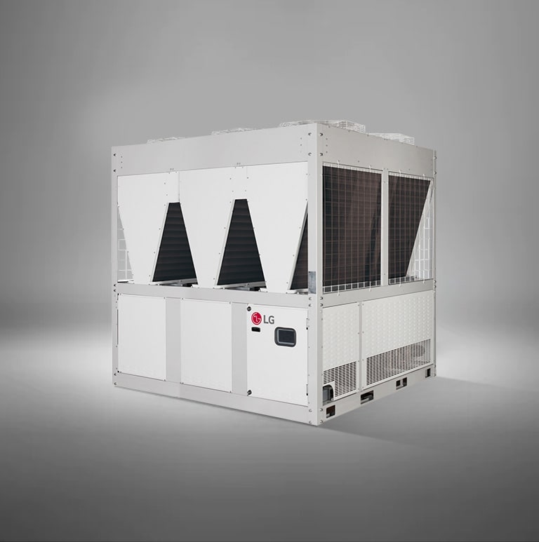 On display is an LG Air-cooled Inverter Scroll Heat Pump, characterized by a rectangular base and a triangular top structure, rendered in a white.