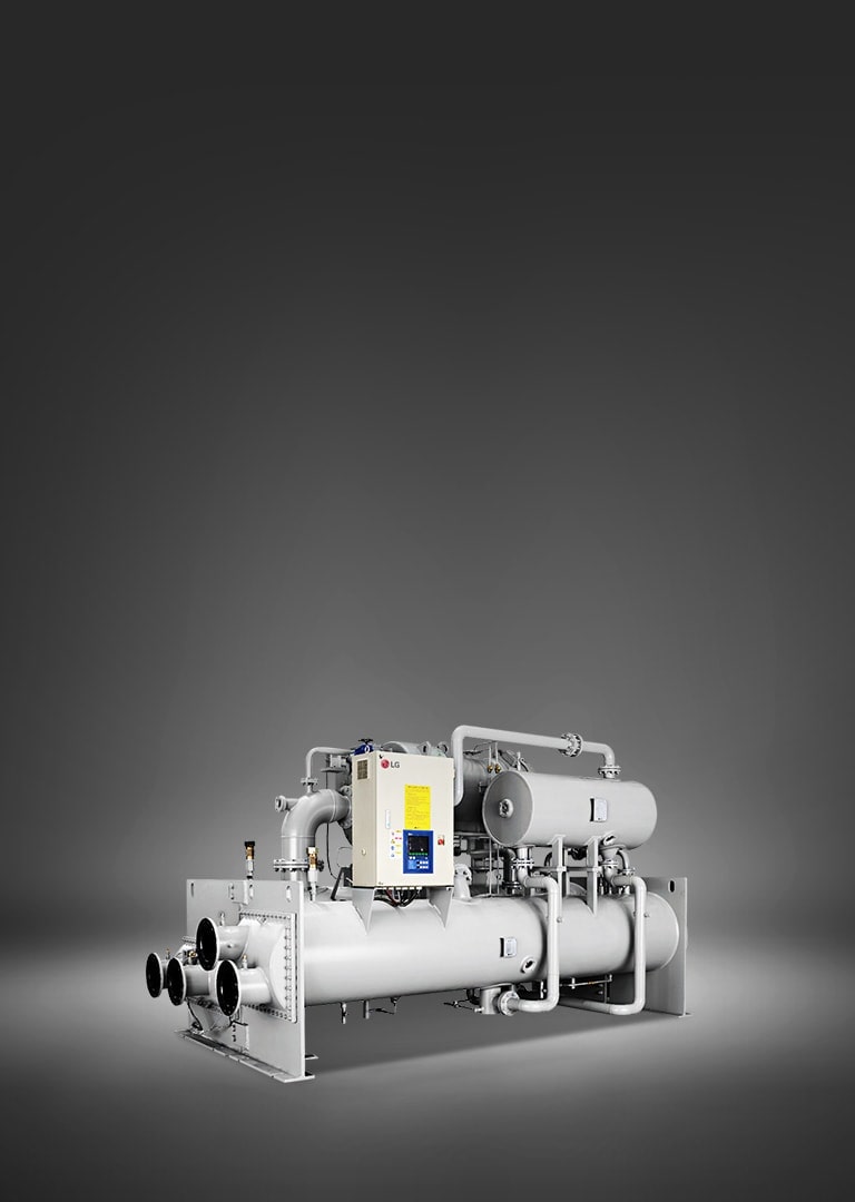 LG Ice Thermal Storage Centrifugal Chiller, showcased in a dark grey hue, consists of a series of linear and cylindrical pipe assemblies.