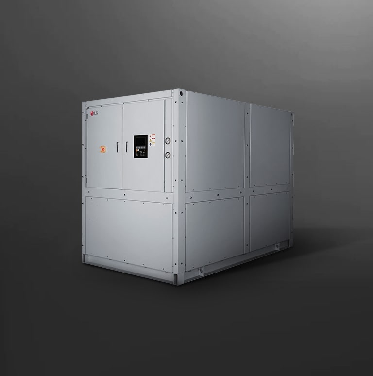 On display is an LG Water-cooled Screw Geo Thermal Heat Pump, characterized by a rectangular structure rendered in gray color.