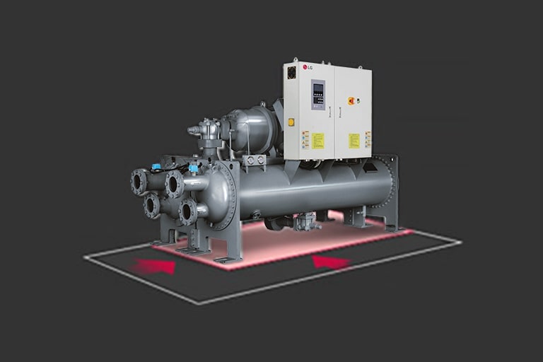 LG Water-cooled Screw Heat Pump at the center is highlighted with a white box-shaped line, accompanied by a red arrow indicating the reduced size.