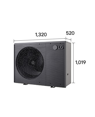 L’extérieur du LG R32 Monobloc S II (HM121MRS UB40) avec les dimensions étiquetées. Il mesure 1 320 mm × 520 mm × 1 019 mm.