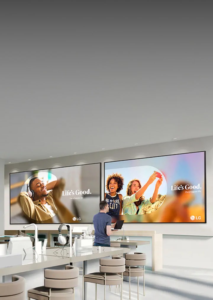 Grands écrans d’affichage LG Digital Signage à l’intérieur du commerce de détail présentant un contenu publicitaire dynamique