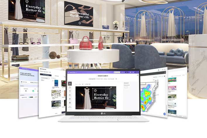 Plateforme logicielle et d’affichage numérique LG pour le commerce de détail, montrant la gestion de contenu, les analyses et les écrans en magasin. Solutions LG business améliorant l’engagement client et l’efficacité opérationnelle