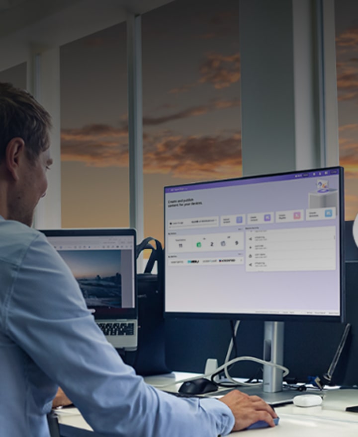 Plateforme LG Software and Services permettant la gestion de contenu, le contrôle de l’affichage numérique et l’efficacité opérationnelle. Solutions professionnelles LG pour les environnements de vente au détail, de bureau et d’entreprise avec une assistance 24 h/24, 7 j/7