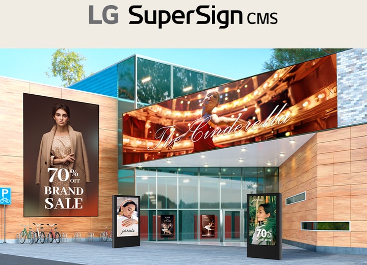 Il affiche un espace virtuel où différents types d’affichage, tels que les grands écrans LED, les écrans de vitrine et les affichages à cadre ouvert, sont utilisés.