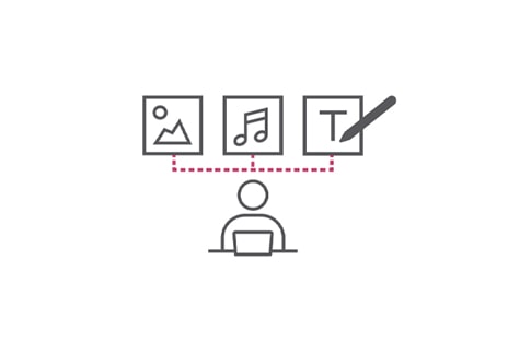 Cette image présente les fonctionnalités Editor de LG SuperSign CMS, avec divers outils de création pour la musique, les images, les widgets et les vidéos représentés par de simples icônes.