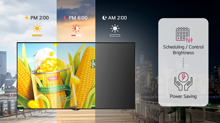 Grâce au LG SuperSign CMS, la luminosité de l’affichage peut être ajustée en fonction des conditions d’éclairage externe pour optimiser la consommation électrique. La fonctionnalité de programmation est utilisée pour ajuster la luminosité, en maintenant une luminosité maximale à 14 h et en la réduisant progressivement lorsqu’elle devient plus sombre à 18 h. L’image montre également que l’alimentation peut être coupée à 2 h du matin.