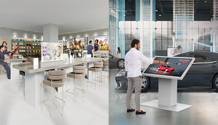 LG SuperSign CMS est optimisé pour tous les écrans d’affichage LG, ce qui est illustré par une scène d’utilisation simple. À gauche, l'image montre le contenu affiché sur les écrans d'affichage d'un magasin de télécommunications, tandis qu'à droite, elle montre le contenu affiché sur les écrans d'affichage d'un concessionnaire.