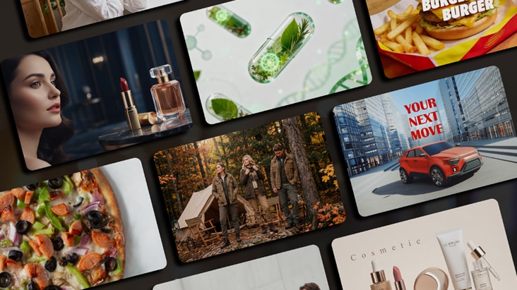 L'image rassemble diverses créations publicitaires, illustrant comment la solution LG DOOH Ads permet une gestion à distance flexible et centralisée des réseaux publicitaires extérieurs, grâce à des partenariats mondiaux dans le domaine des technologies publicitaires.