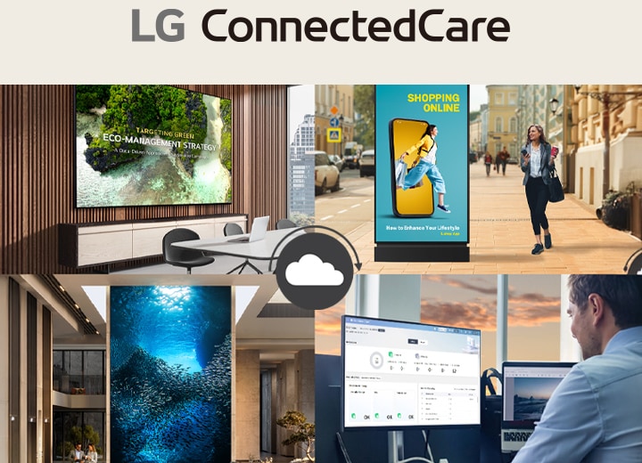 Voici un exemple d’image présentant un administrateur surveillant et gérant l’affichage numérique intérieur et extérieur à l’aide de la solution LG ConnectedCare.