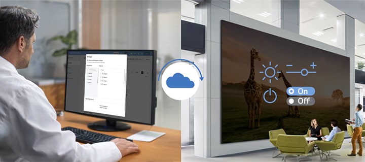 Une image présente un administrateur qui gère efficacement l’affichage numérique avec la solution LG ConnectedCare.