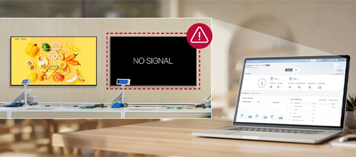 Cette image illustre la surveillance à distance du fonctionnement de la signalétique en magasin via LG ConnectedCare.
