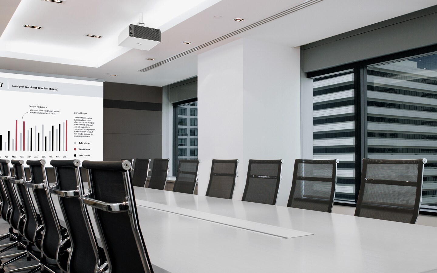 Projecteur LG dans une salle de conseil d’entreprise, projetant des graphiques de présentation sur un grand écran mural.