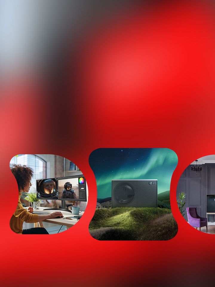 Red background banner with five circular images. From left to right: a woman doing laundry with an LG washing machine, LG slogan 'Life’s Good', a person working on a computer in a home office, an outdoor LG air conditioner under the aurora sky, and a modern bedroom with stylish lighting.