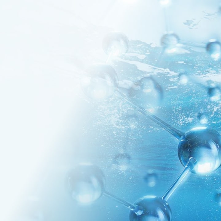 3D illustration of transparent molecular structures connected in a network, floating in a blue liquid background, symbolizing advanced materials and glass technology