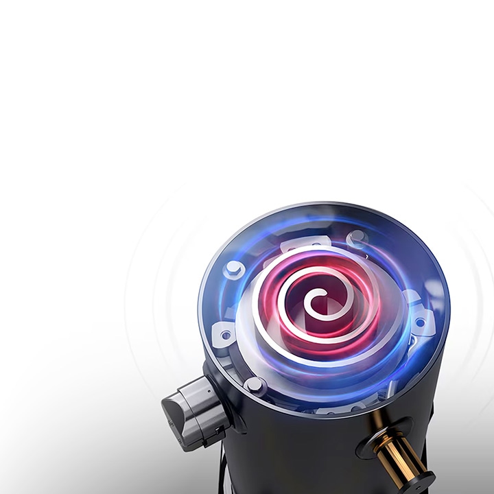 Close-up 3D illustration of an LG HVAC scroll compressor with visible spiral components, showing red and blue airflow to represent heating and cooling inside the unit