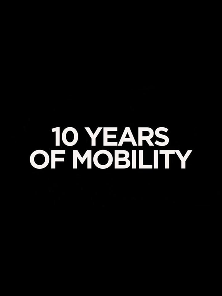 It reads '10 YEARS OF MOBILITY' in white letters on a black background