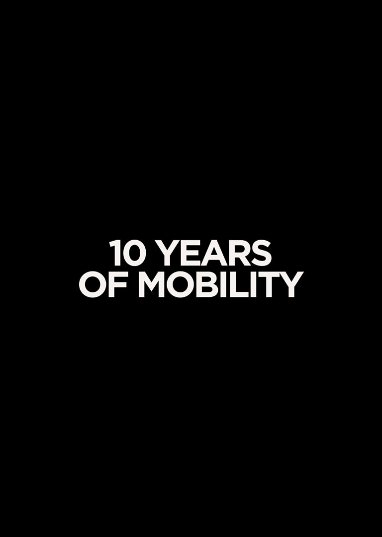It reads '10 YEARS OF MOBILITY' in white letters on a black background, linking to a video