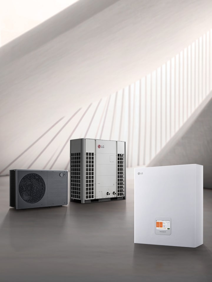 LG THERMA V Cascade Control Unit system featuring multiple outdoor heat pump units and a wall-mounted indoor controller.