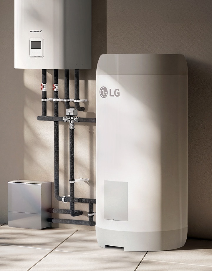 An LG water tank is neatly installed in a sunlit interior, creating a clean, minimal atmosphere.	