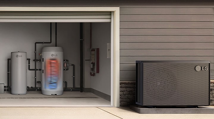 A THERMA V outdoor unit and water tank are installed in a garage, supplying efficient heating and hot water.	