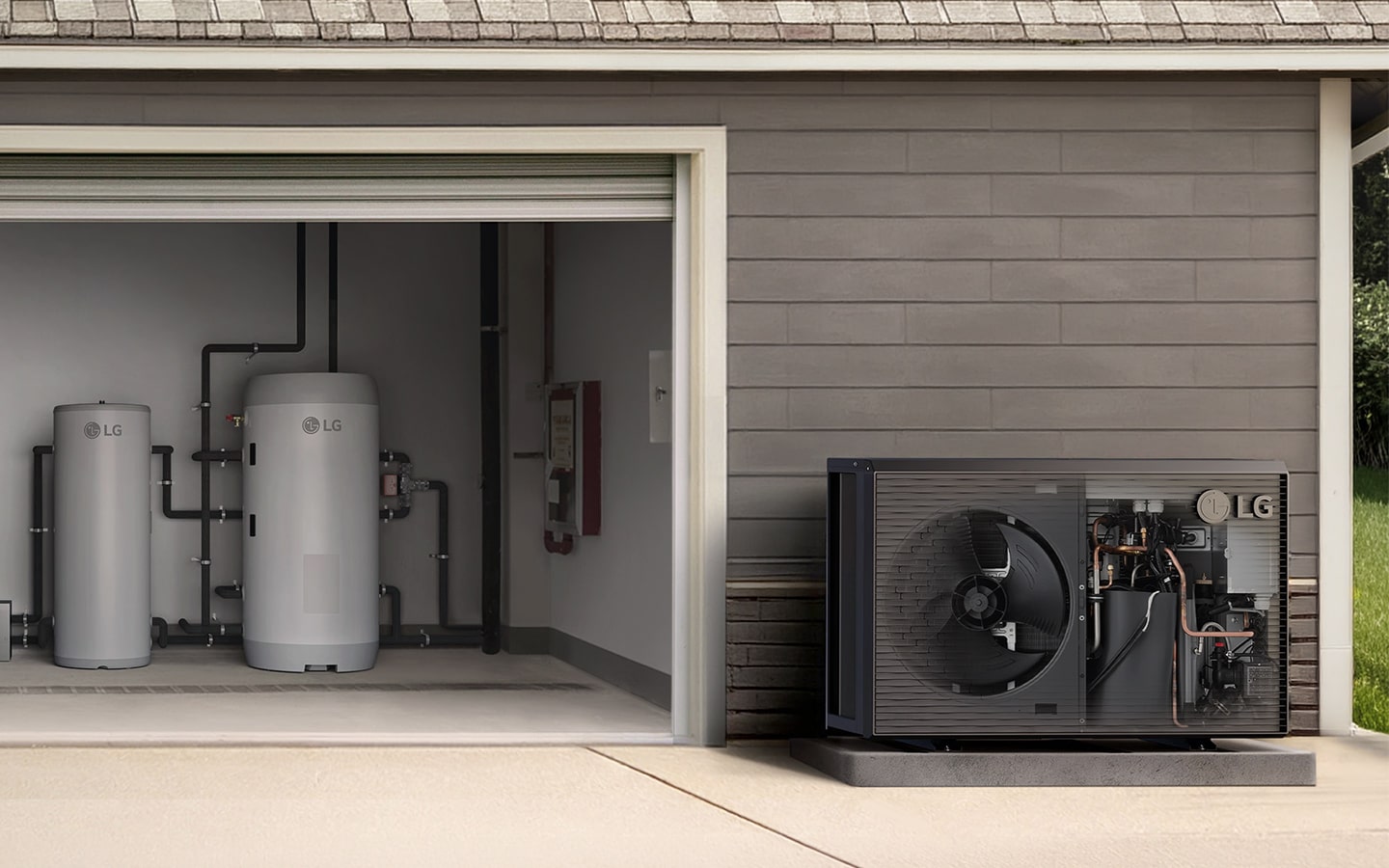LG THERMA V R290 Monobloc S system showing labeled hydronic components and outdoor unit in a residential setting	