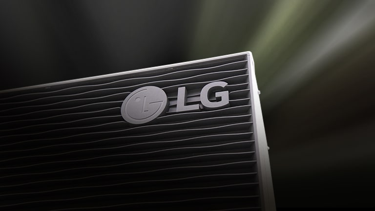 An image of the LG logo on a heat pump unit with a close-up view of the grille design.	