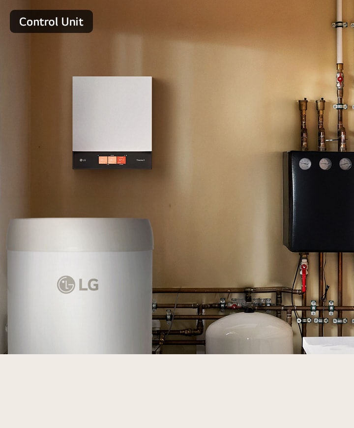 The Control Unit is wall-mounted in a utility room, blending neatly with the surrounding interior.