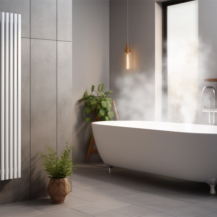 A modern bathroom with visible steam rising from a bathtub, showcasing efficient and comfortable heating performance.