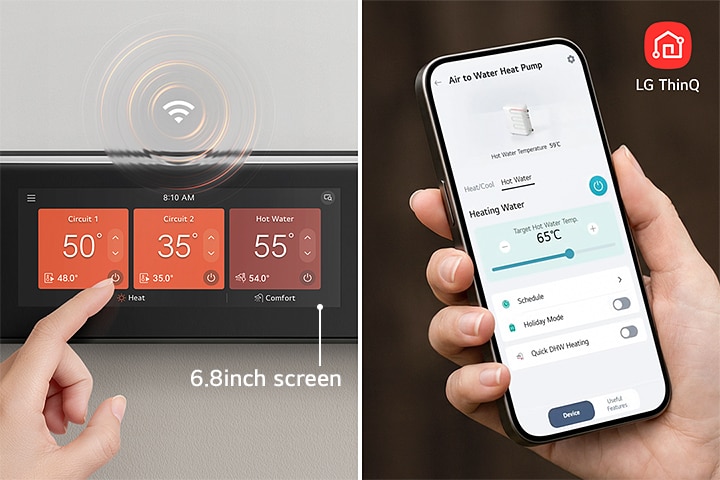 A user interacts with the touch display while monitoring and controlling the system through a smartphone app.