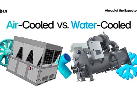 LG article thumbnail showing Air-Cooled vs. Water-Cooled chillers side by side with fan and pipe symbols.