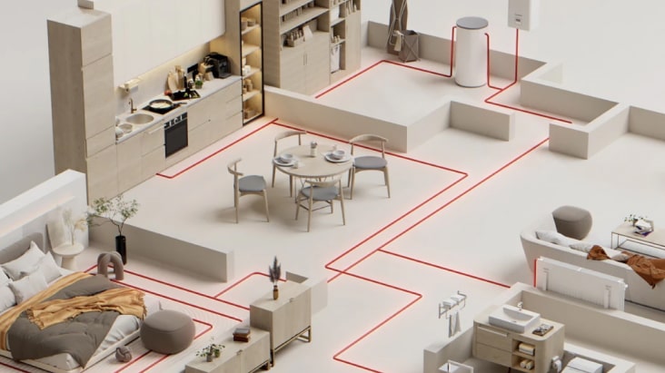 LG Therma V air to water heat pump system diagram showing indoor heating pipe connections for residential and commercial spaces.
