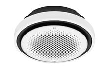 LG Round Cassette indoor unit with modern circular design. Ensures 360-degree airflow coverage for uniform comfort in all directions.