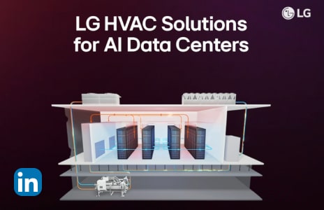 Illustration of LG HVAC solutions designed for AI data centers, showing cooling systems and air flow around server racks.