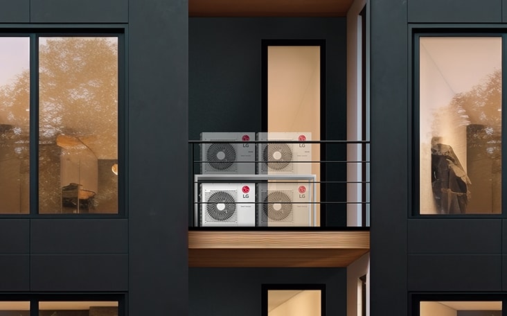 On the compact balcony of the apartment, a 2X2 layout of an LG Smart Inverter outdoor unit are installed.