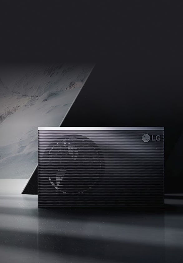 air-to-water heat pump unit placed in front of a snowy mountain backdrop, representing efficient heating solutions.