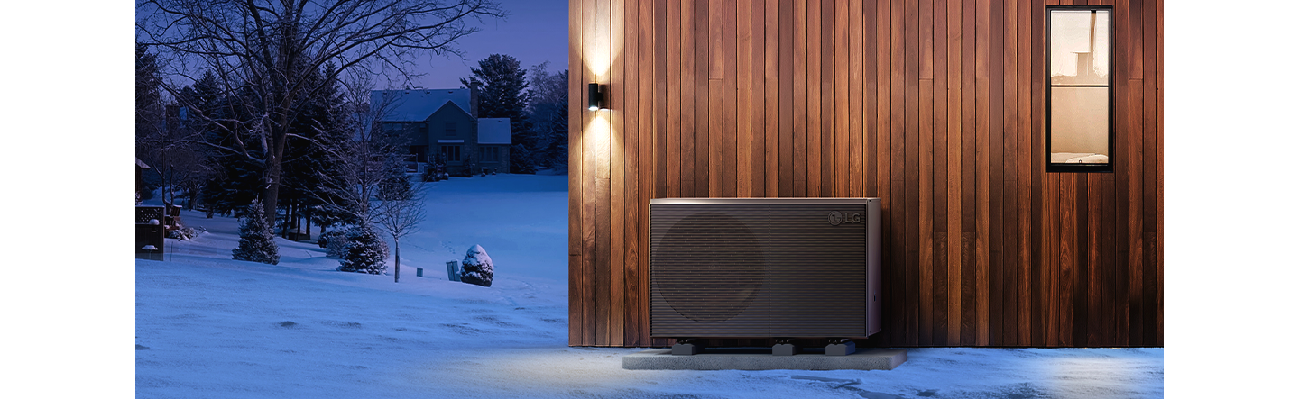 A rendering image describes an outdoor heat pump against the backdrop of snow covered village.	 	 	 	 	 	 	