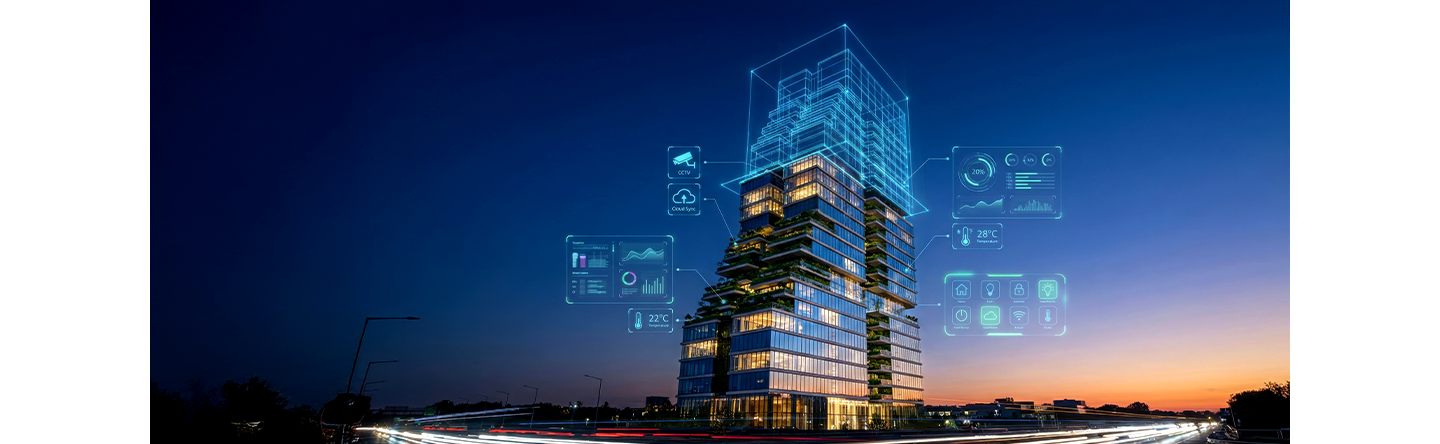 An image showing an intelligent building management system with some graphics.