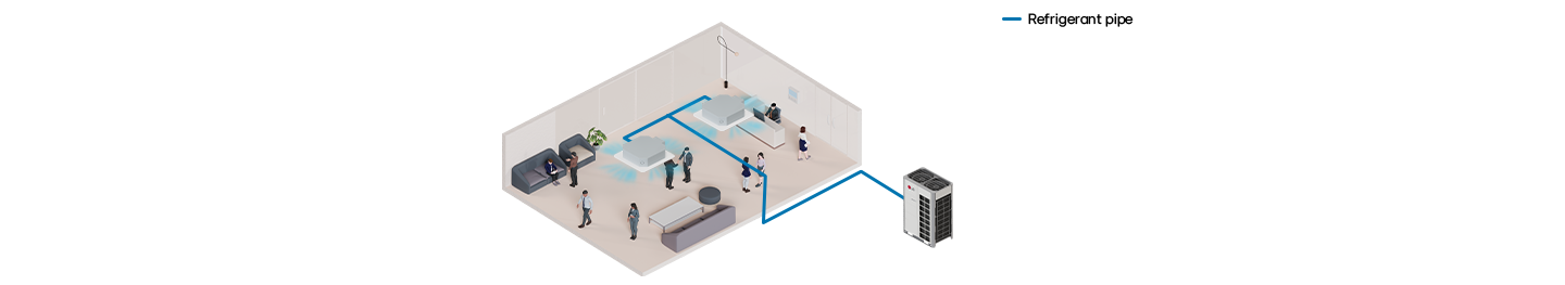 A rendering image shows a dissected large commercial space with refrigerant pipes connected with HVAC device.