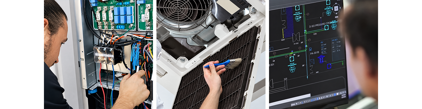 A set of photos displaying several procedures in which air conditioner installation is conducted.