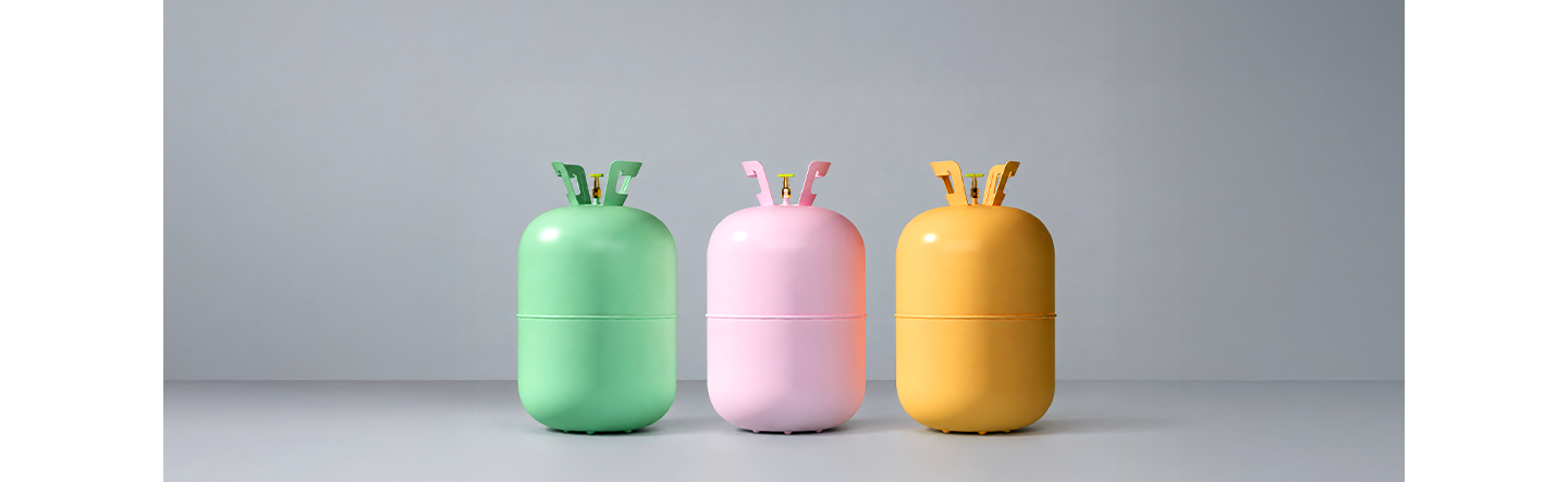 An image showing three refrigerant containers with diverse shades of colour.